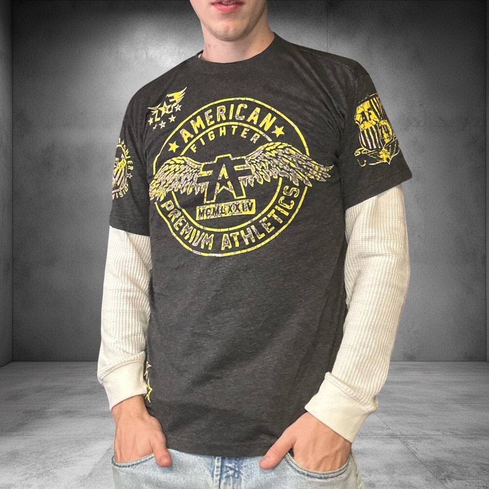 American Fighter by Affliction T Shirt Mens Large Gray Yellow Y2K Skater Grunge